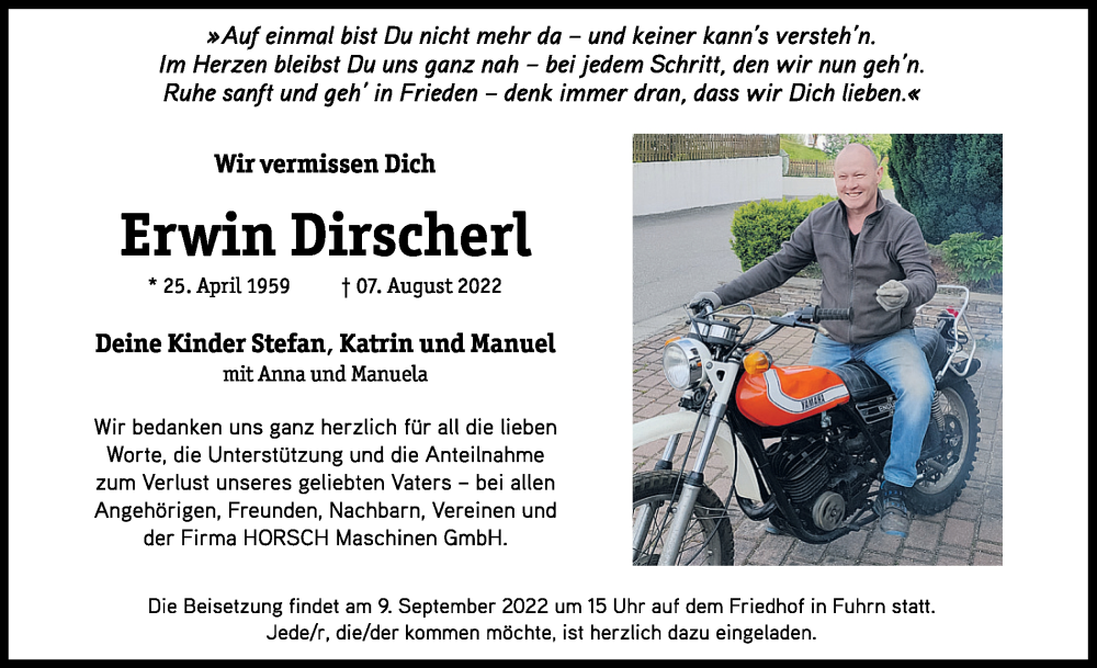  Traueranzeige für Erwin Dirscherl vom 01.09.2022 aus Bayerwald Echo