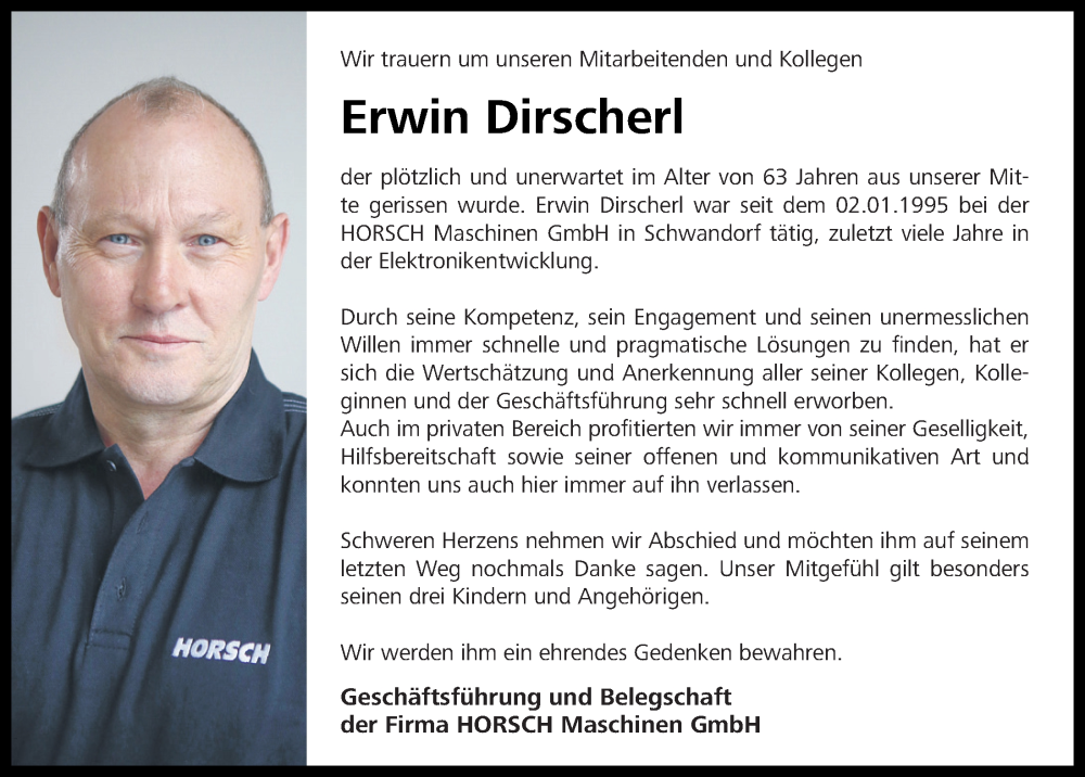  Traueranzeige für Erwin Dirscherl vom 13.08.2022 aus Mittelbayerische Zeitung Schwandorf