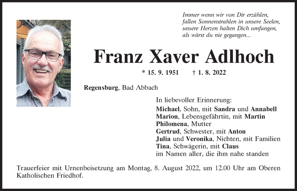  Traueranzeige für Franz Xaver Adlhoch vom 06.08.2022 aus Mittelbayerische Zeitung Regensburg