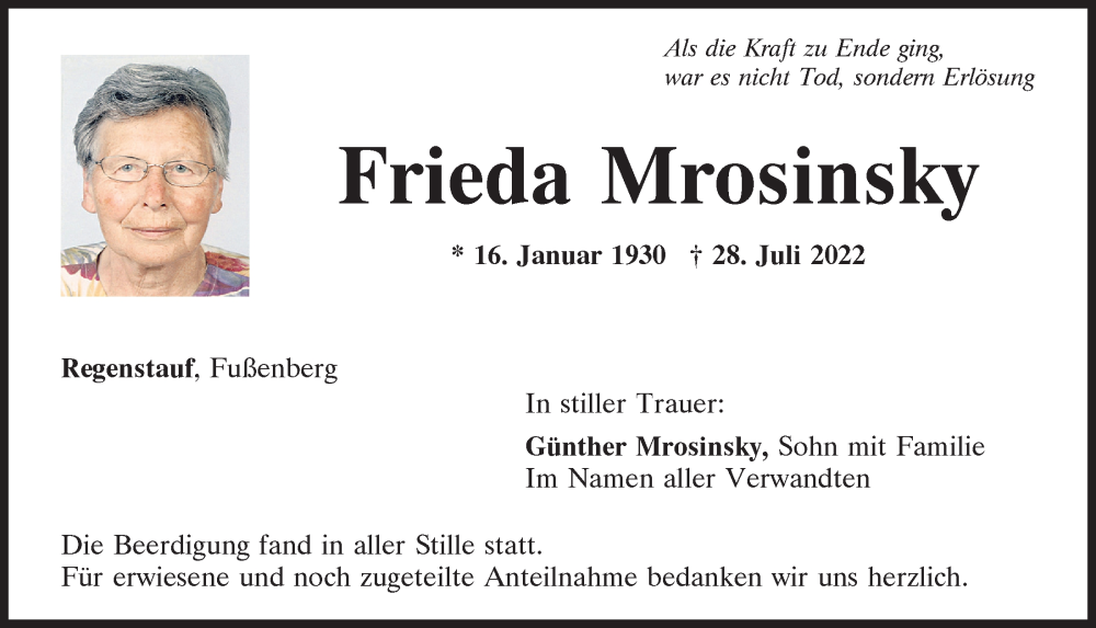  Traueranzeige für Frieda Mrosinsky vom 06.08.2022 aus Mittelbayerische Zeitung Regensburg