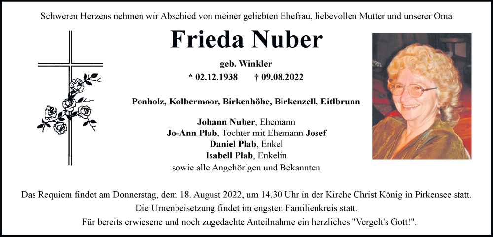  Traueranzeige für Frieda Nuber vom 13.08.2022 aus Mittelbayerische Zeitung Schwandorf