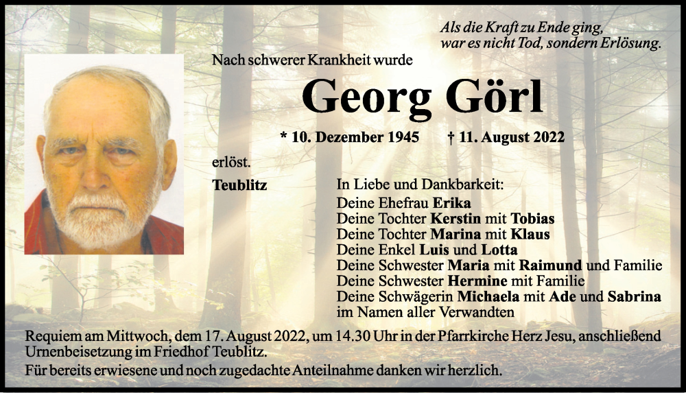  Traueranzeige für Georg Görl vom 13.08.2022 aus Mittelbayerische Zeitung Schwandorf