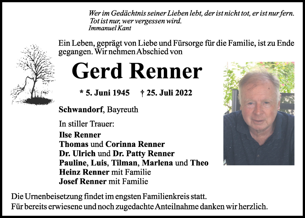  Traueranzeige für Gerd Renner vom 06.08.2022 aus Mittelbayerische Zeitung Schwandorf