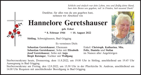 Traueranzeige von Hannelore Geretshauser von Mittelbayerische Zeitung Kelheim