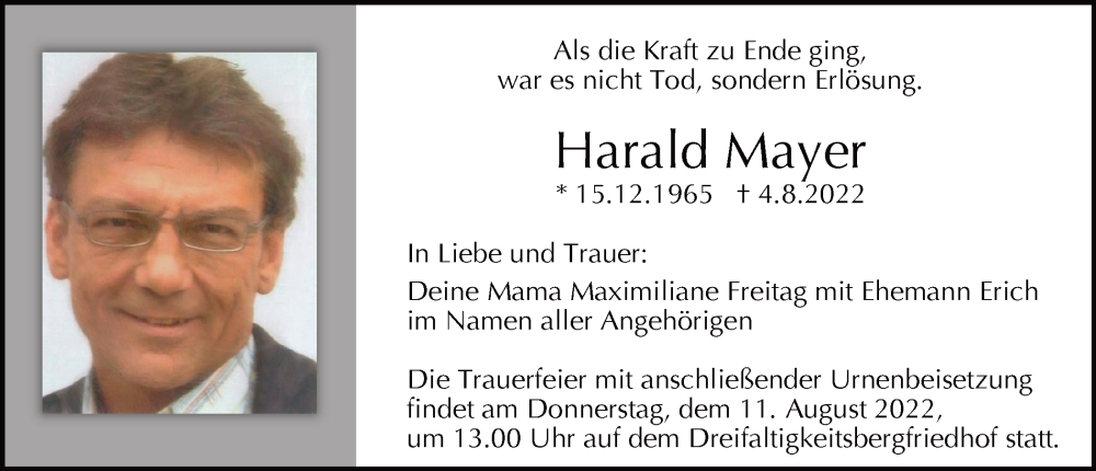 Traueranzeige für Harald Mayer vom 06.08.2022 aus Mittelbayerische Zeitung Regensburg