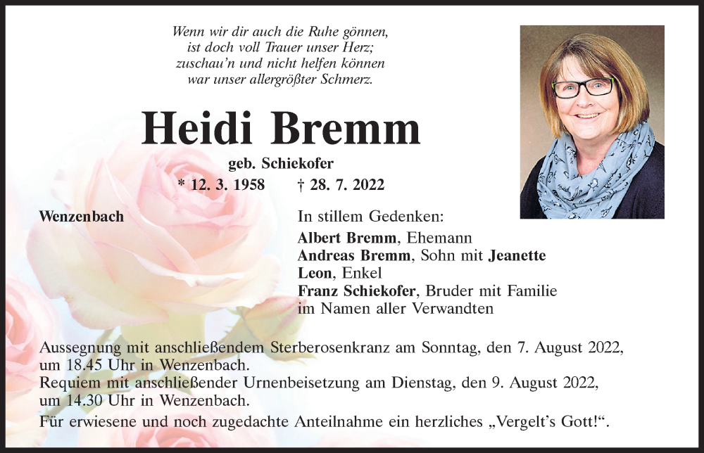  Traueranzeige für Heidi Bremm vom 06.08.2022 aus Mittelbayerische Zeitung Regensburg
