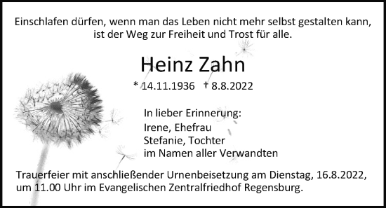 Traueranzeige von Heinz Zahn von Mittelbayerische Zeitung Regensburg