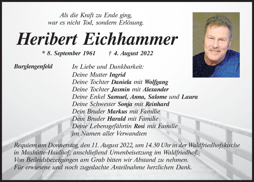  Traueranzeige für Heribert Eichhammer vom 06.08.2022 aus Mittelbayerische Zeitung Schwandorf