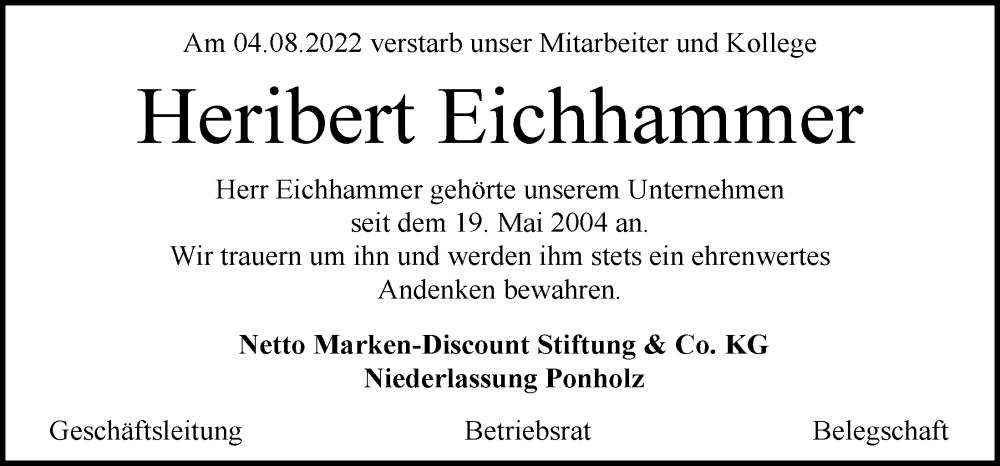  Traueranzeige für Heribert Eichhammer vom 13.08.2022 aus Mittelbayerische Zeitung Schwandorf