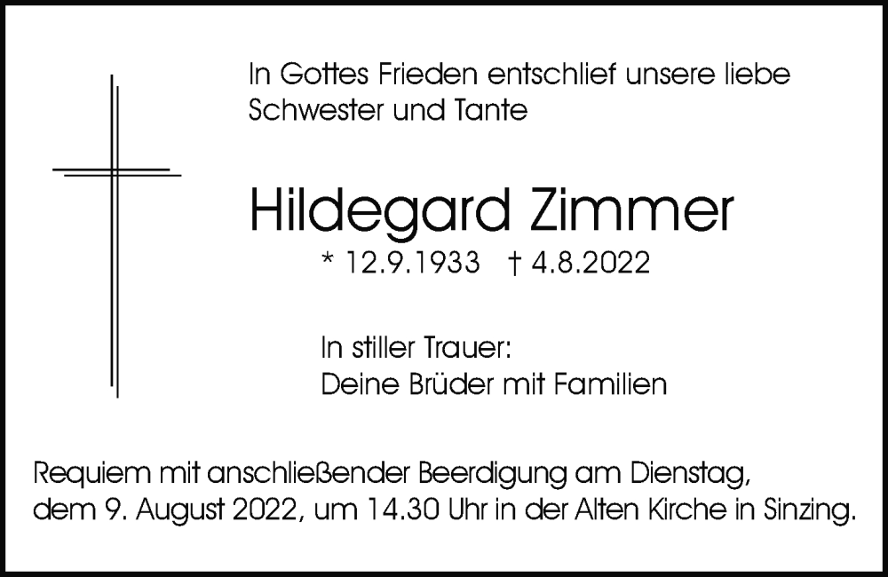  Traueranzeige für Hildegard Zimmer vom 06.08.2022 aus Mittelbayerische Zeitung Regensburg