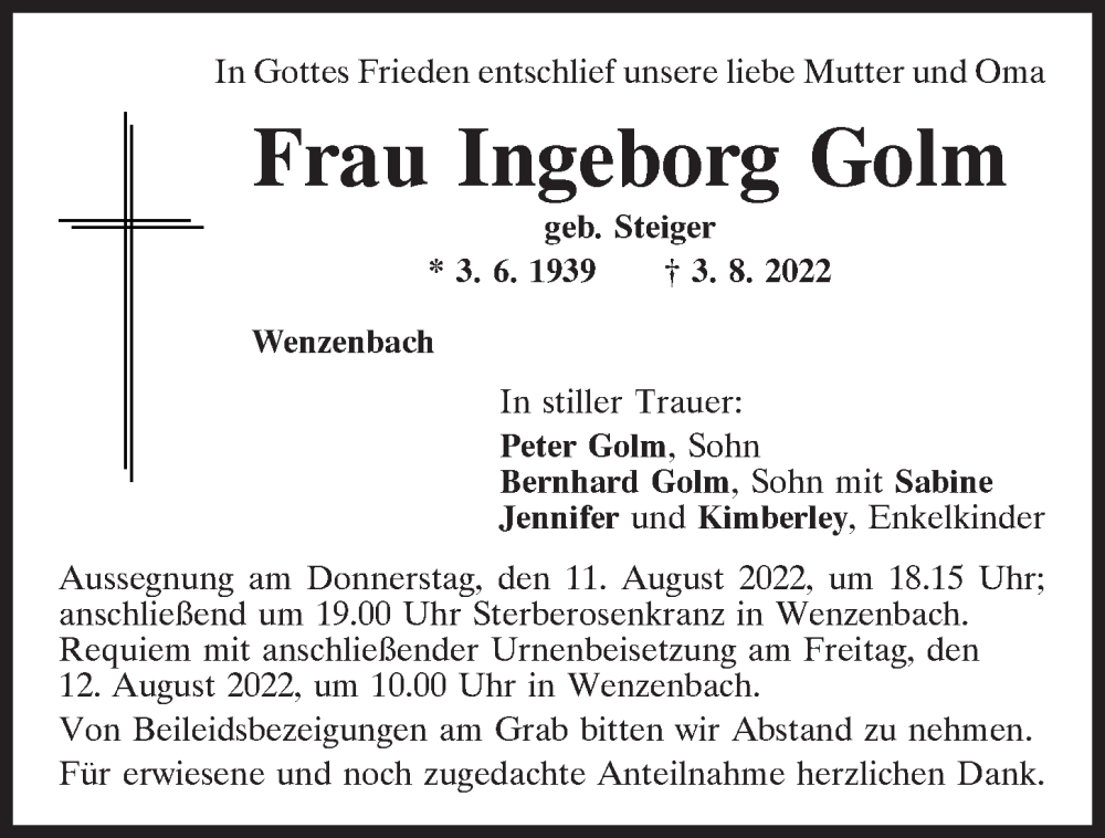  Traueranzeige für Ingeborg Golm vom 10.08.2022 aus Mittelbayerische Zeitung Regensburg
