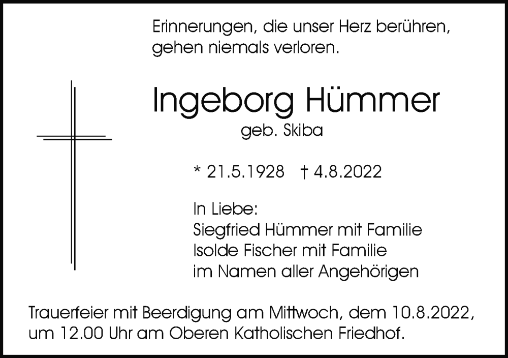  Traueranzeige für Ingeborg Hümmer vom 06.08.2022 aus Mittelbayerische Zeitung Regensburg