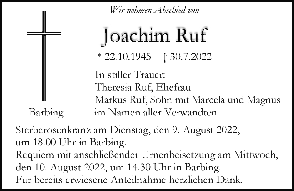  Traueranzeige für Joachim Ruf vom 06.08.2022 aus Mittelbayerische Zeitung Regensburg