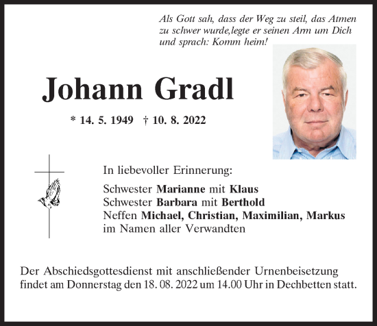 Traueranzeige von Johann Gradl von Mittelbayerische Zeitung Regensburg