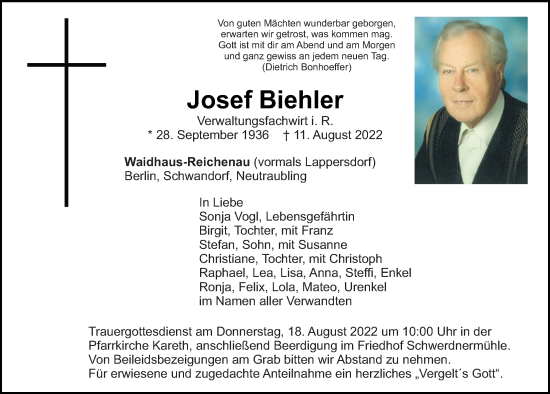 Traueranzeige von Josef Biehler von Mittelbayerische Zeitung Regensburg