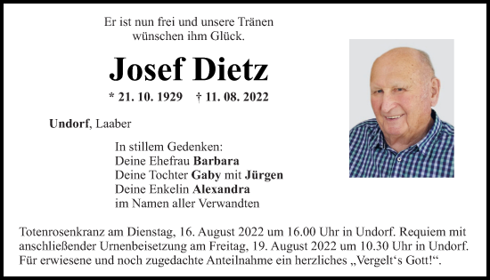 Traueranzeige von Josef Dietz von Mittelbayerische Zeitung Regensburg
