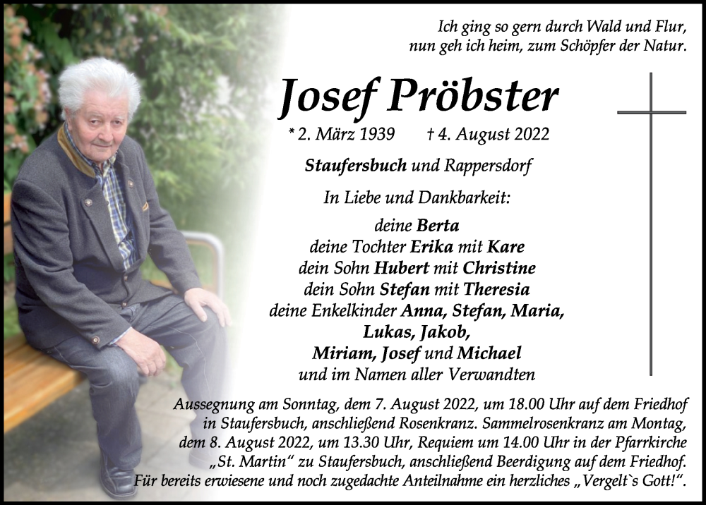  Traueranzeige für Josef Pröbster vom 06.08.2022 aus Neumarkter Tagblatt