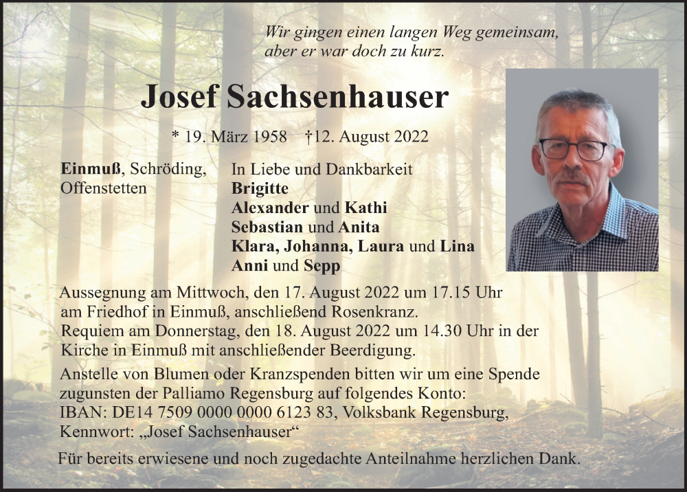  Traueranzeige für Josef Sachsenhauser vom 16.08.2022 aus Mittelbayerische Zeitung Kelheim