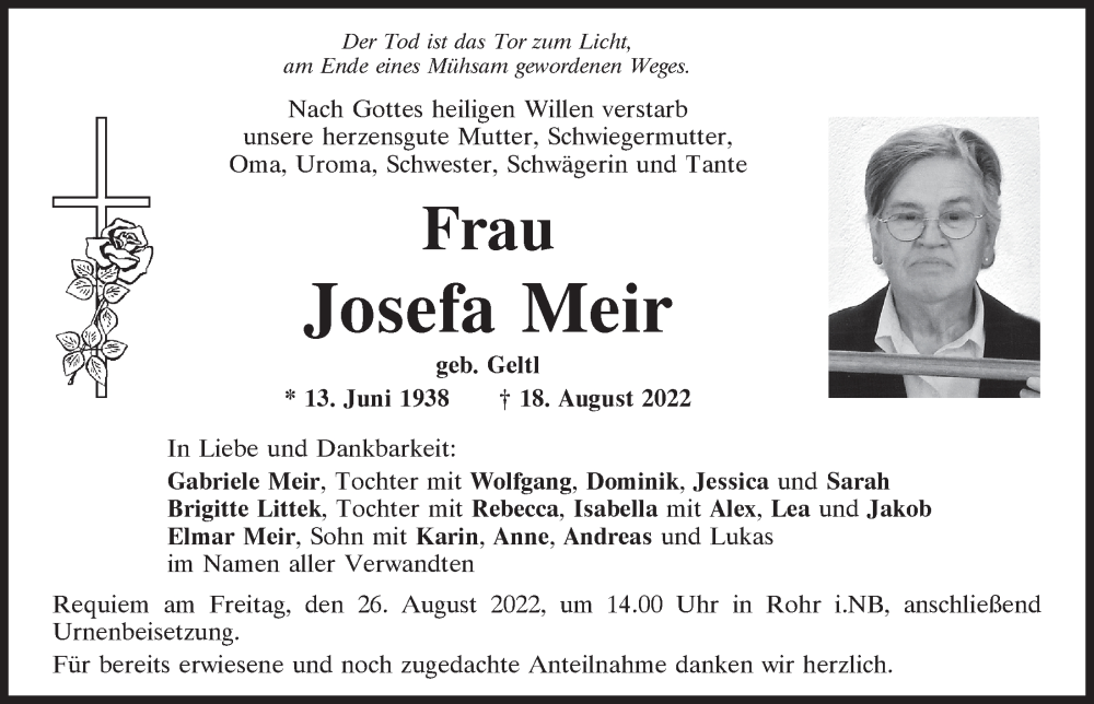  Traueranzeige für Josefa Meir vom 24.08.2022 aus Mittelbayerische Zeitung Kelheim