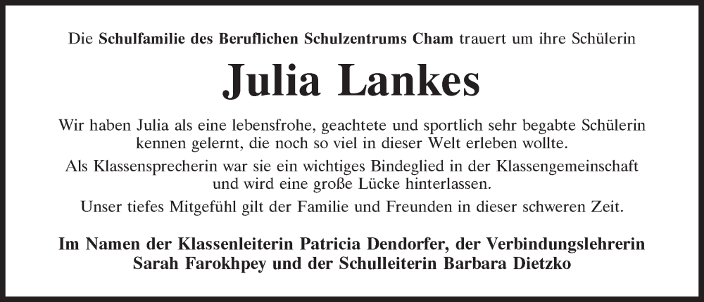  Traueranzeige für Julia Lankes vom 31.08.2022 aus Bayerwald Echo