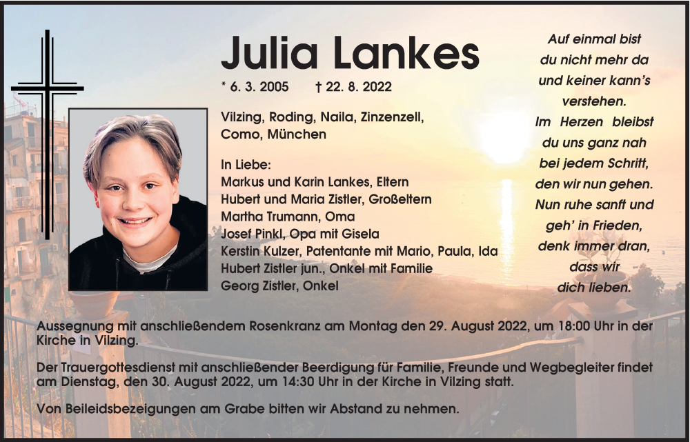  Traueranzeige für Julia Lankes vom 27.08.2022 aus Bayerwald Echo