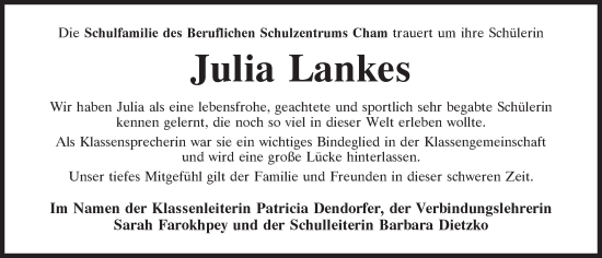 Traueranzeige von Julia Lankes von Bayerwald Echo