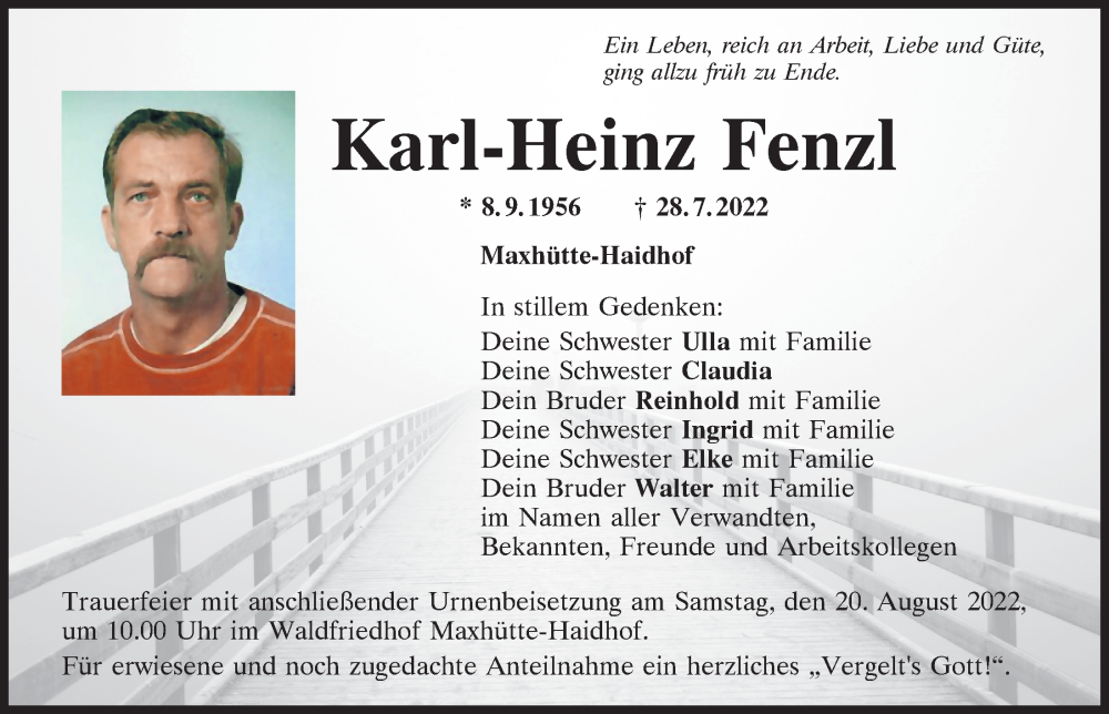  Traueranzeige für Karl-Heinz Fenzl vom 17.08.2022 aus Mittelbayerische Zeitung Schwandorf