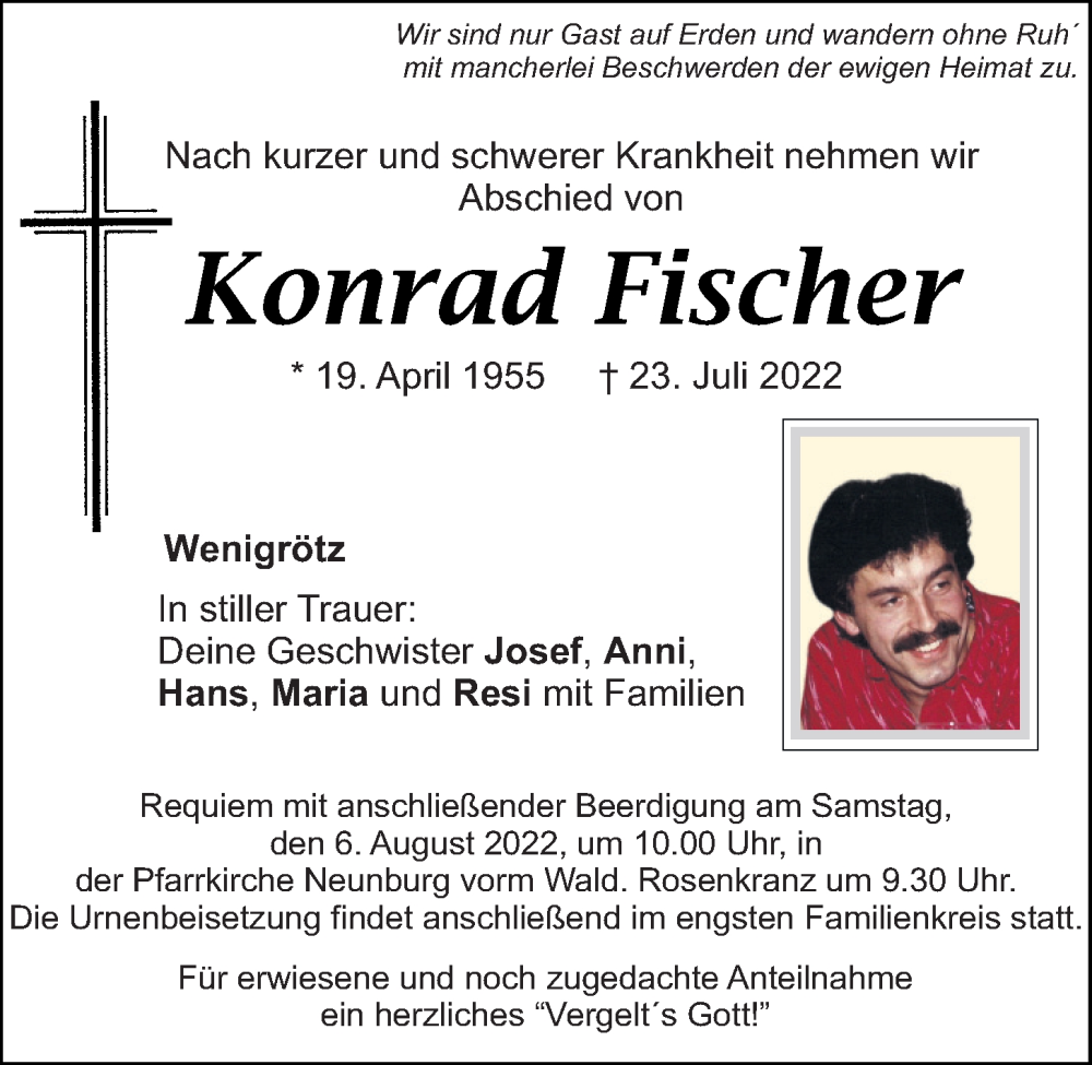  Traueranzeige für Konrad Fischer vom 04.08.2022 aus Mittelbayerische Zeitung Schwandorf