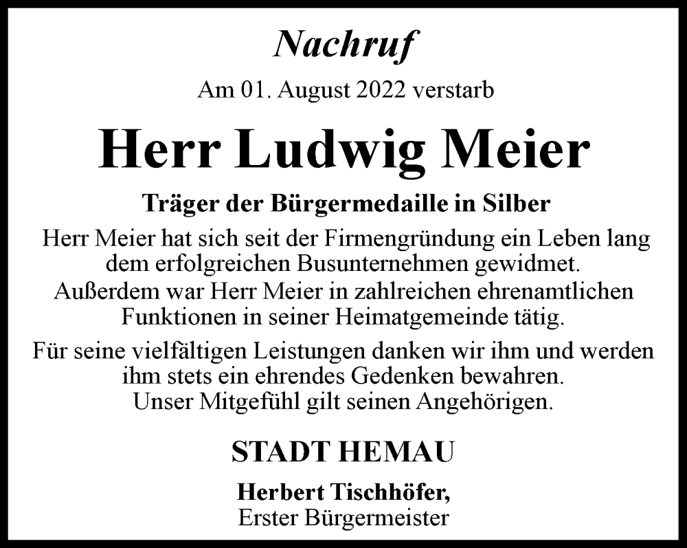  Traueranzeige für Ludwig Meier vom 03.08.2022 aus Mittelbayerische Zeitung Regensburg