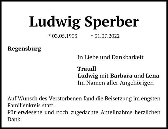 Traueranzeige von Ludwig Sperber von Mittelbayerische Zeitung Regensburg