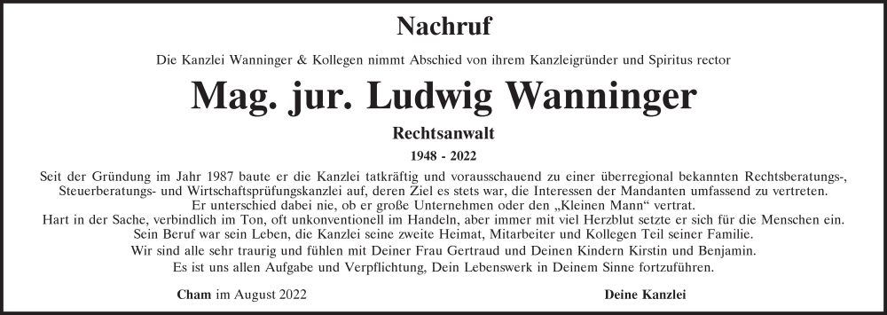  Traueranzeige für Ludwig Wanninger vom 09.08.2022 aus Bayerwald Echo