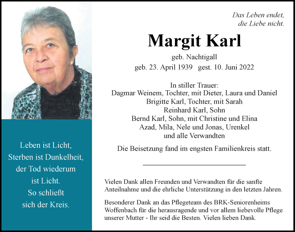  Traueranzeige für Margit Karl vom 06.08.2022 aus Neumarkter Tagblatt