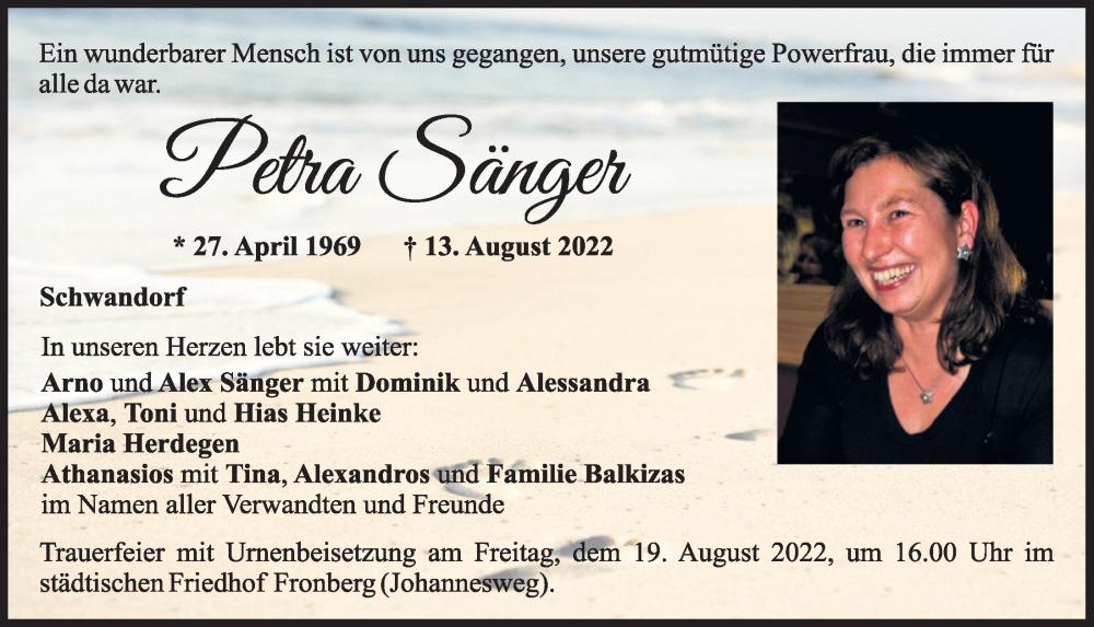  Traueranzeige für Petra Sänger vom 16.08.2022 aus Mittelbayerische Zeitung Schwandorf