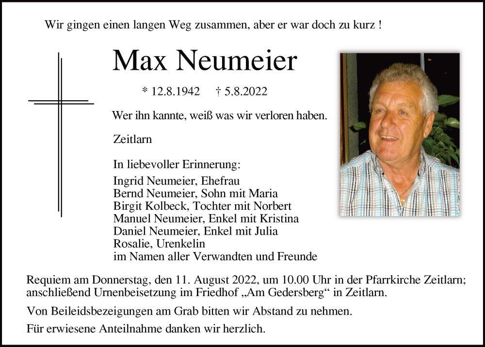  Traueranzeige für Max Neumeier vom 08.08.2022 aus Mittelbayerische Zeitung Regensburg