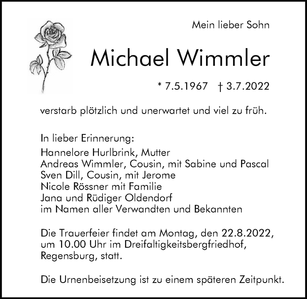  Traueranzeige für Michael Wimmler vom 13.08.2022 aus Mittelbayerische Zeitung Regensburg