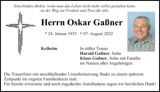 Traueranzeige von Oskar Gaßner von Mittelbayerische Zeitung Kelheim
