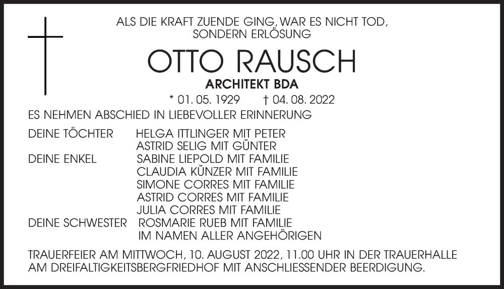  Traueranzeige für Otto Rausch vom 06.08.2022 aus Mittelbayerische Zeitung Regensburg