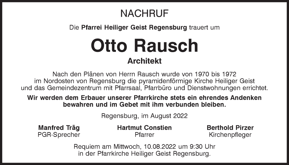  Traueranzeige für Otto Rausch vom 09.08.2022 aus Mittelbayerische Zeitung Regensburg