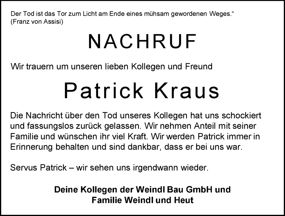  Traueranzeige für Patrick Kraus vom 27.08.2022 aus Bayerwald Echo