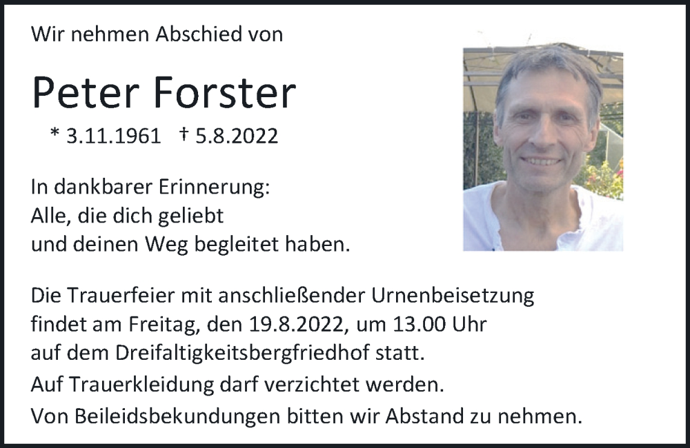  Traueranzeige für Peter Forster vom 13.08.2022 aus Bayerwald Echo