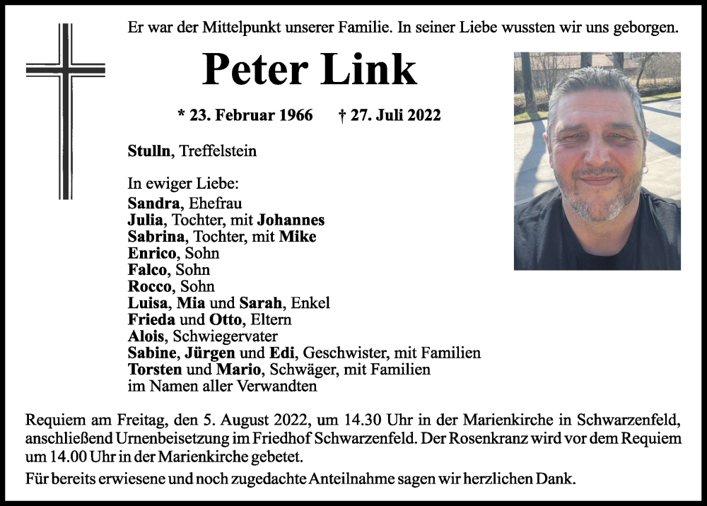  Traueranzeige für Peter Link vom 03.08.2022 aus Mittelbayerische Zeitung Schwandorf