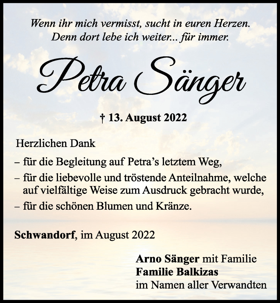  Traueranzeige für Petra Sänger vom 27.08.2022 aus Mittelbayerische Zeitung Schwandorf
