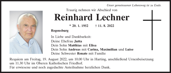 Traueranzeige von Reinhard Lechner von Mittelbayerische Zeitung Regensburg