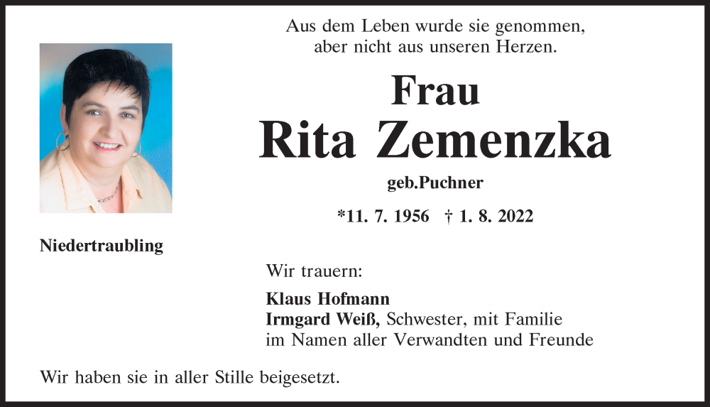  Traueranzeige für Rita Zemenzka vom 13.08.2022 aus Mittelbayerische Zeitung Regensburg