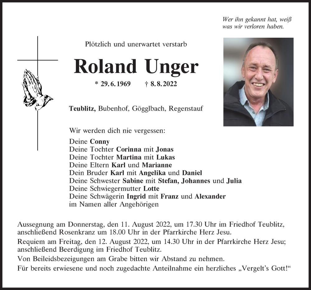  Traueranzeige für Roland Unger vom 10.08.2022 aus Mittelbayerische Zeitung Schwandorf