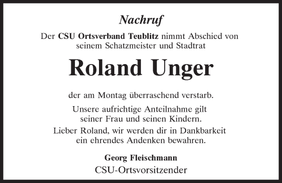 Traueranzeige von Roland Unger von Mittelbayerische Zeitung Schwandorf