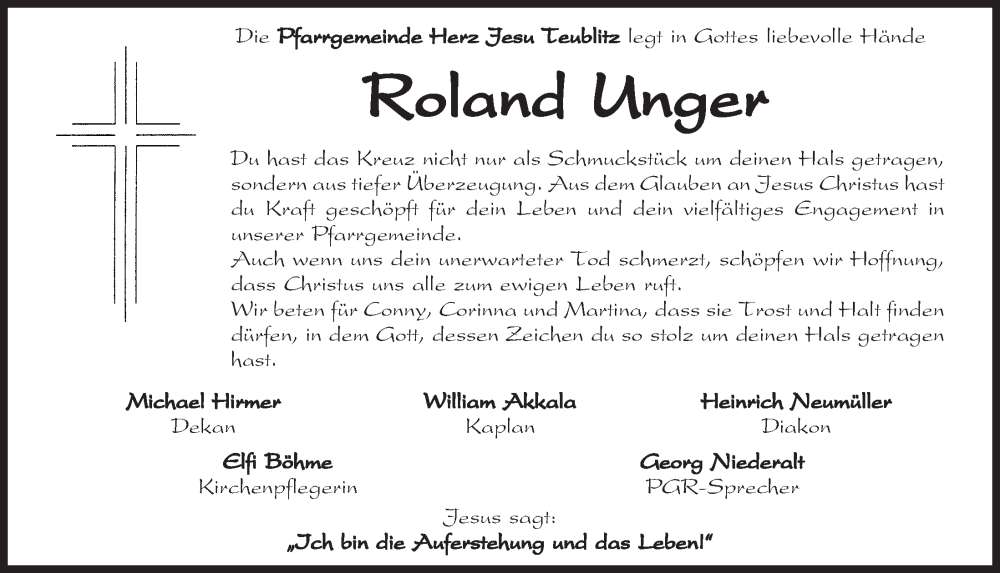  Traueranzeige für Roland Unger vom 12.08.2022 aus Mittelbayerische Zeitung Schwandorf
