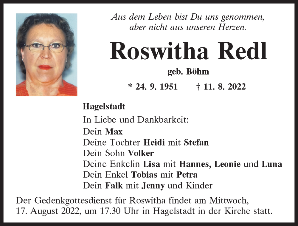  Traueranzeige für Roswitha Redl vom 13.08.2022 aus Mittelbayerische Zeitung Regensburg