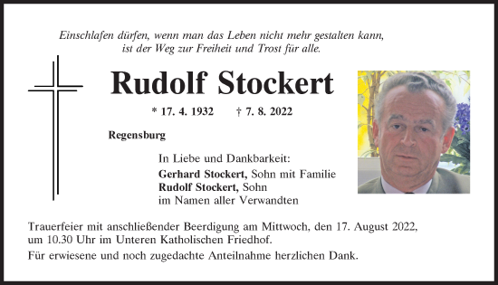 Traueranzeige von Rudolf Stockert von Mittelbayerische Zeitung Regensburg