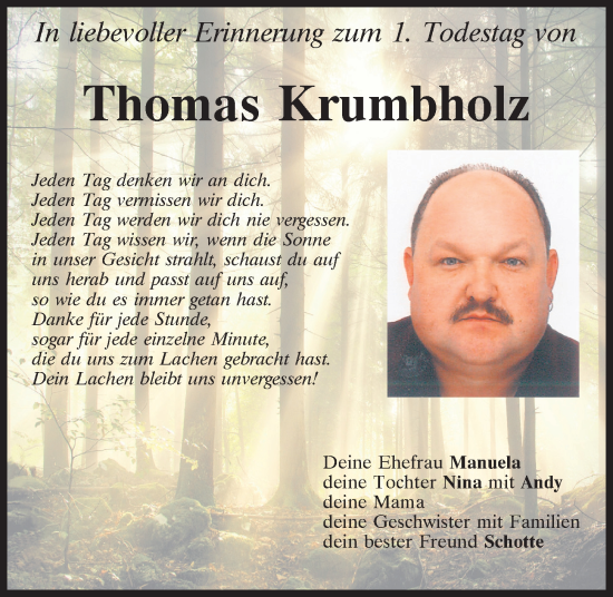 Traueranzeige von Thomas Krumbholz von Mittelbayerische Zeitung Schwandorf